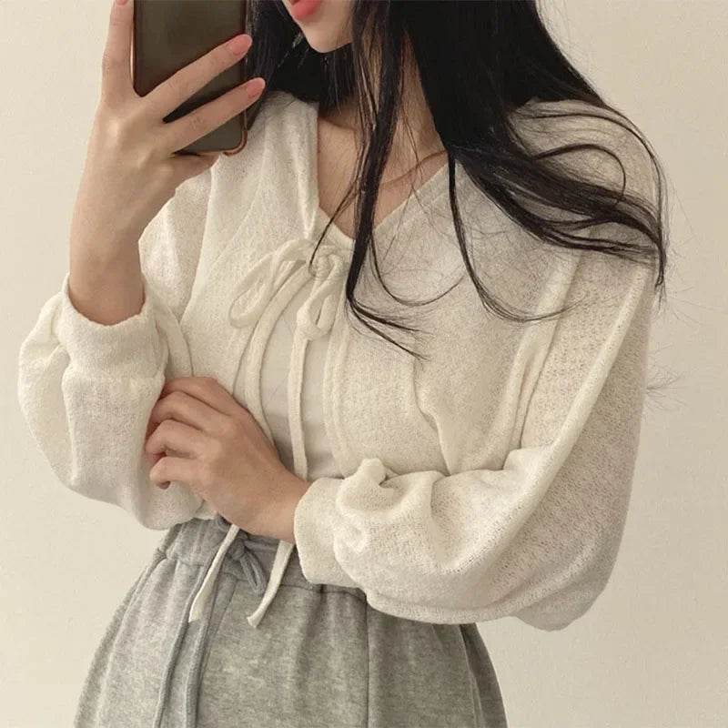 Buy Center Women’s Knitted Cardigan - Chic Lace-Up Black & White - Buy Center UK