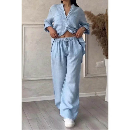 Buy Center Women's Linen Drawstring Shirt & Wide Leg Pants Set - Buy Center UK