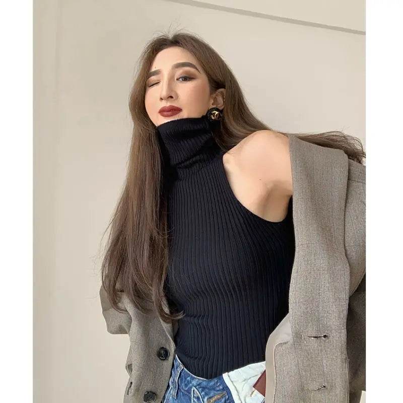 Buy Center Y2K Turtleneck Off-Shoulder Tank Top - Knitted Comfort - Buy Center UK