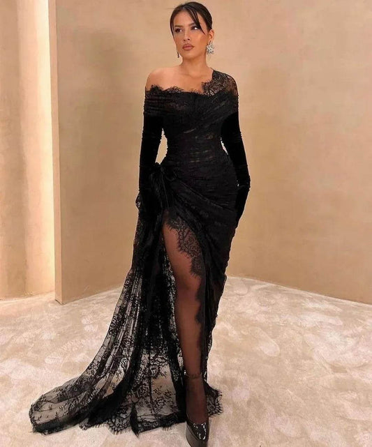 Vintage Black Prom Dress - Ankle Length Pleated Lace Evening Gown - Buy Center UK