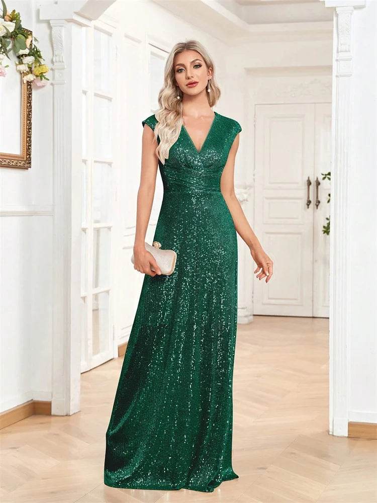 2025 Women Elegant V-neck Mermaid Evening Dress - Floor Length Blue Gown - Buy Center UK