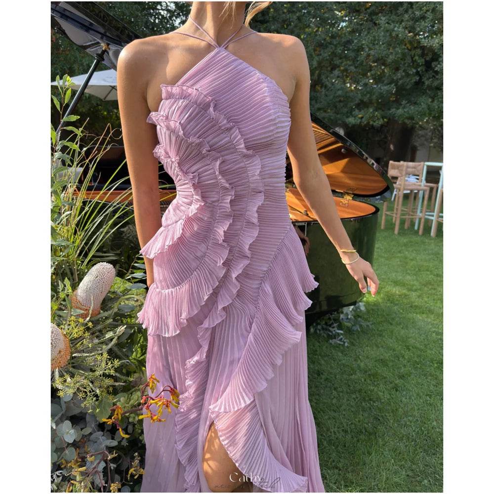 Cathy Customized Purple Halter Neck Prom Dress - Elegant Side Split - Buy Center UK