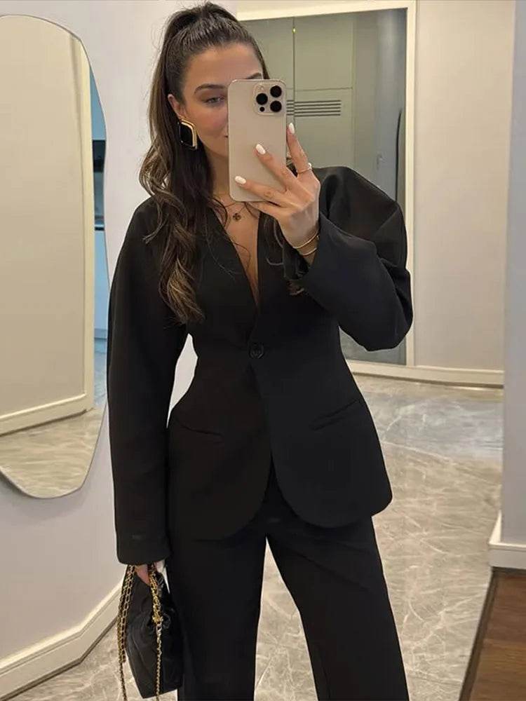 Elegant Blazer Pants Set for Women - Deep V-neck, Shoulder Pads - Buy Center UK