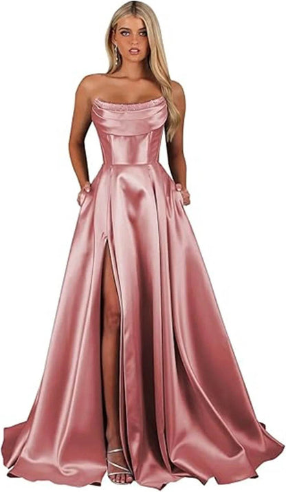 Customized Strapless Corset Prom Dress - Elegant A-Line Satin Gown - Buy Center UK