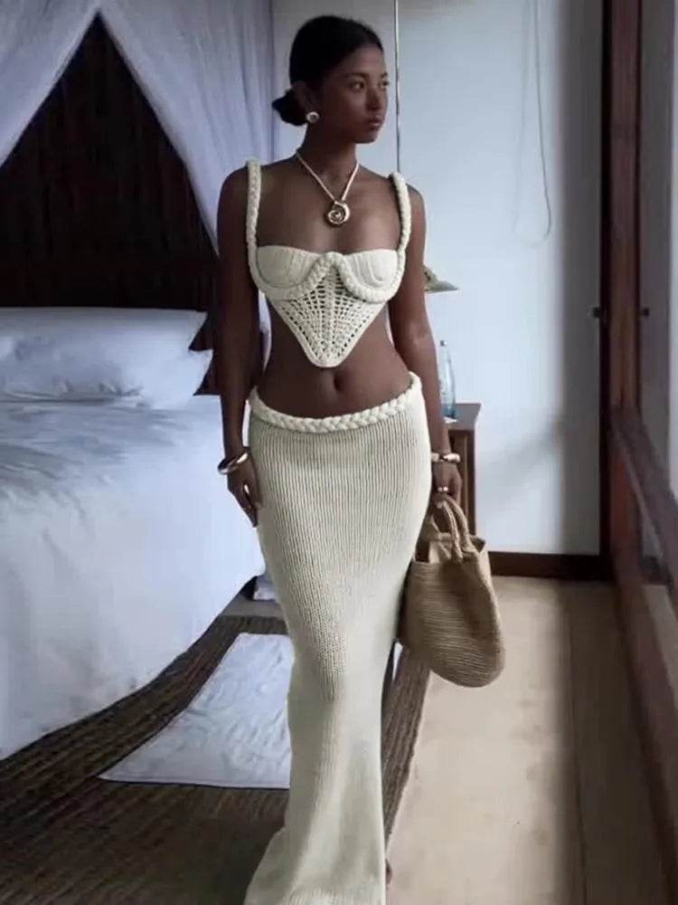 Weird Puss Crochet Shirring 2 Piece Set - Backless Top & Long Skirt - Buy Center UK