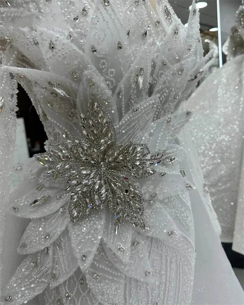 White Mermaid Evening Dress with Detachable Train - Beaded Elegance - Buy Center UK