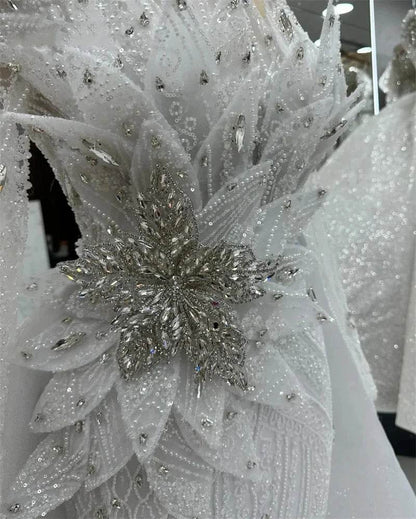 White Mermaid Evening Dress with Detachable Train - Beaded Elegance - Buy Center UK
