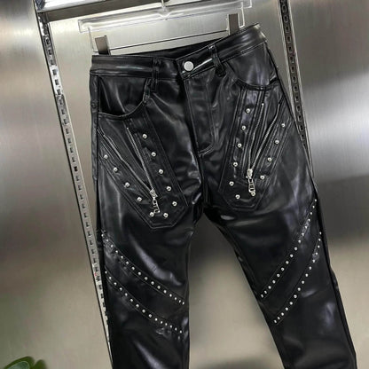 Buy Center Windproof Leather Pants - Slim Fit, Rivet & Zipper Decor - Buy Center UK