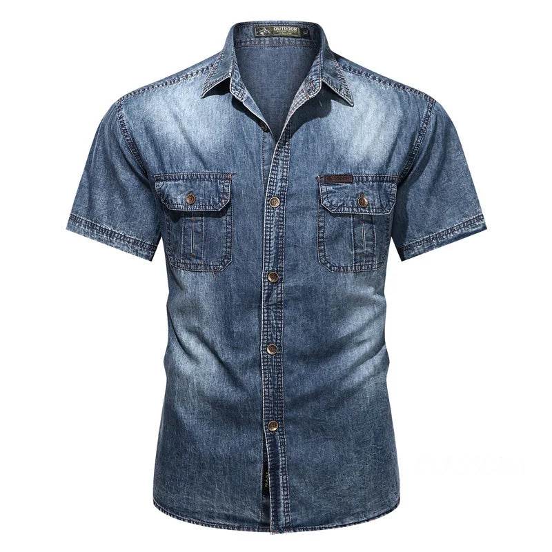 Buy Center Men’s Short Sleeve Denim Shirt - Multi Pockets, Casual Style - Buy Center UK