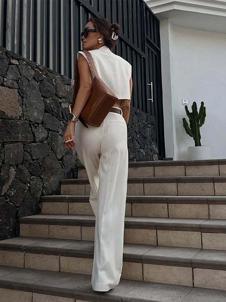 Elegant Women's Vest Pant Set - V-Neck Sleeveless Top & Wide-Leg Pants - Buy Center UK