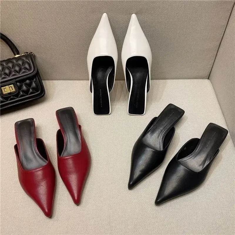 Buy Center Women's White Pointed Toe Mules - Comfortable Low Heel Slides - Buy Center UK