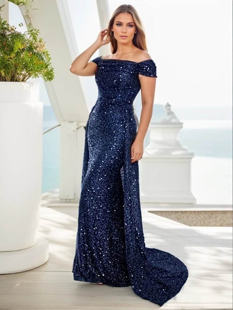Romagic Navy Blue Mermaid Gown - Off Shoulder Sequin Dress 2025 - Buy Center UK