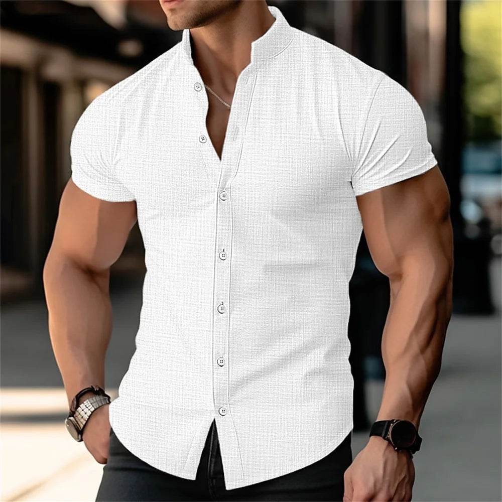 Buy Center Men's Linen Shirt - Stand Up Collar, Short Sleeves, Summer - Buy Center UK