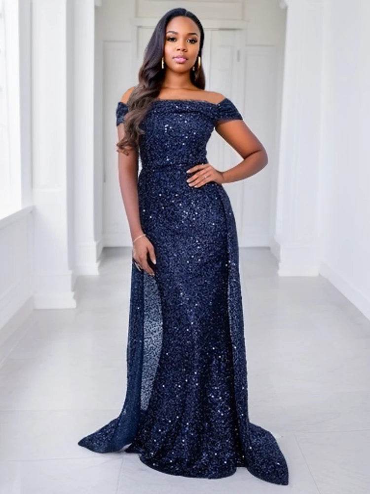 Romagic Navy Blue Mermaid Gown - Off Shoulder Sequin Dress 2025 - Buy Center UK