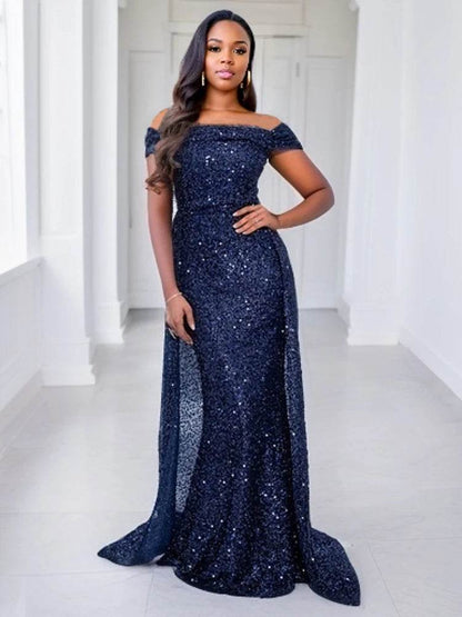 Romagic Navy Blue Mermaid Gown - Off Shoulder Sequin Dress 2025 - Buy Center UK