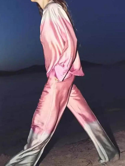 Buy Center Tie-Dye Print Shirt Pants Set - Chic V-Neck Satin Look - Buy Center UK