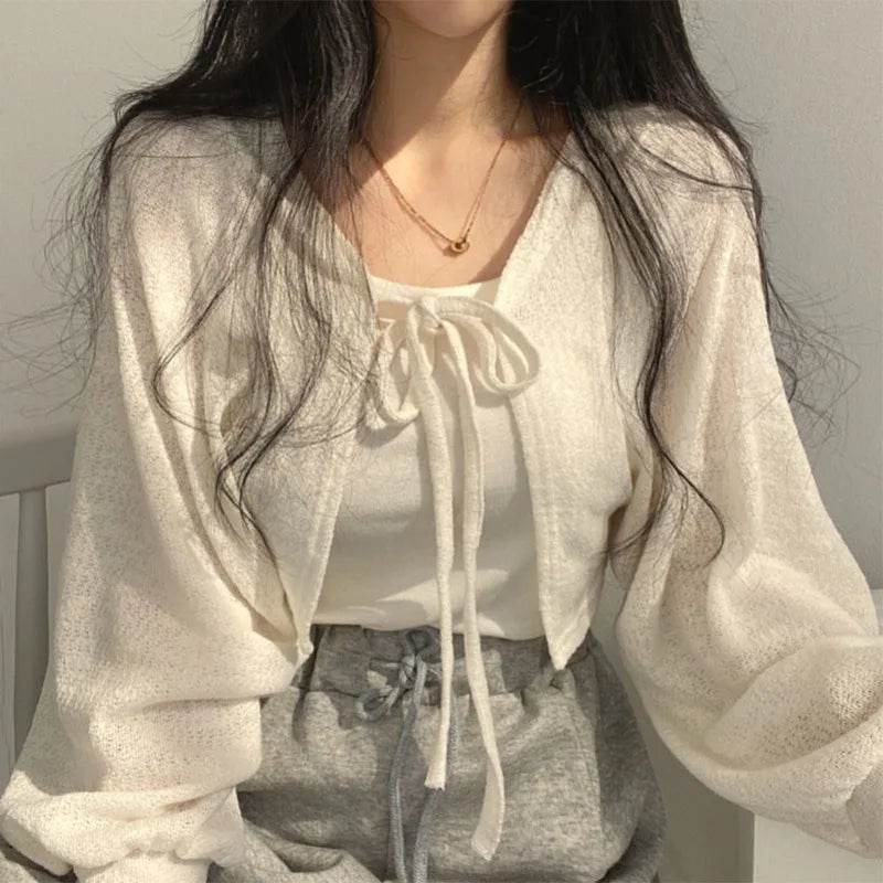 Buy Center Women's Thin White Cardigan - Summer Lace-Up Knitwear Top - Buy Center UK