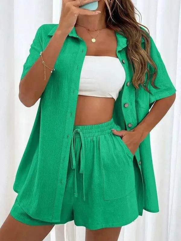 Summer Fashion Shorts Two-Piece Set - Casual Tied Shirt & Loose Fit - Buy Center UK