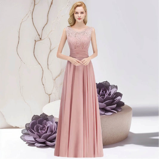 STEPHANIE Navy Blue A-Line Chiffon Dress - Lace Top Sleeveless Gown - Buy Center UK