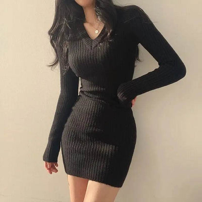Buy Center Women Knit Bodycon Dress - V-Neck Long Sleeve, Midi Style - Buy Center UK