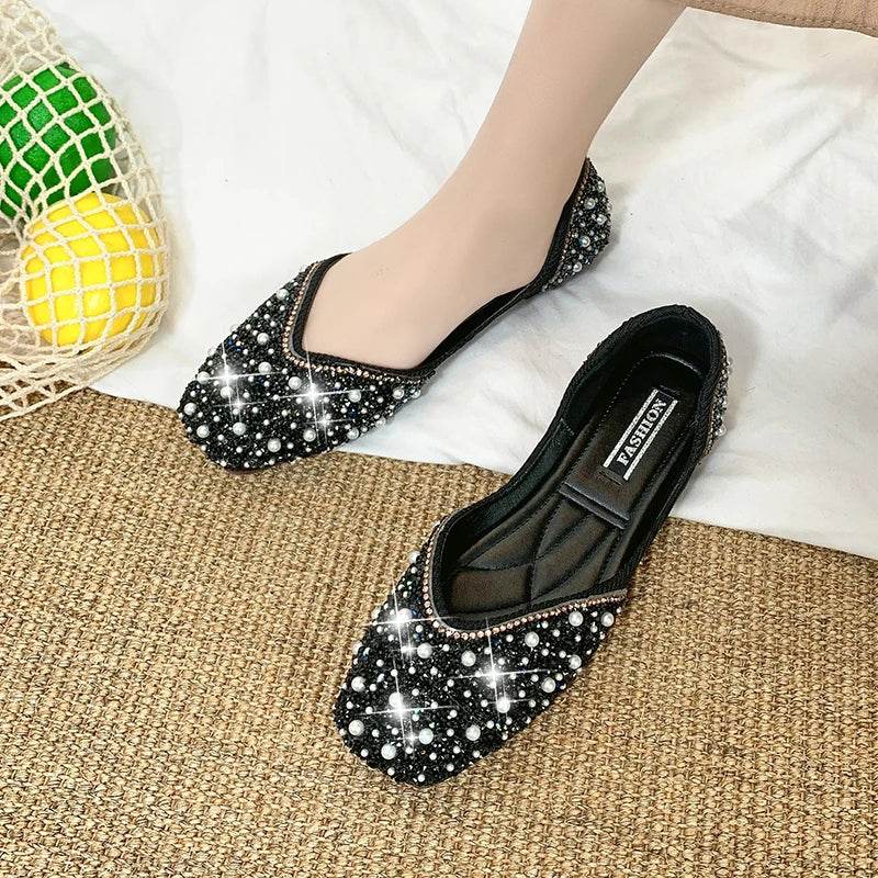 UETEEY Glitter Pearl Studs Ballet Flats - Cozy Slip-On Loafers - Buy Center UK