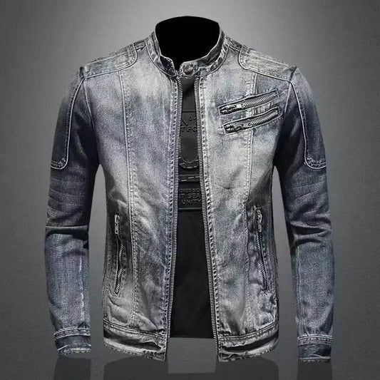 Trendy Stand Collar Zip-Up Denim Jacket for Men - Vintage Style - Buy Center UK