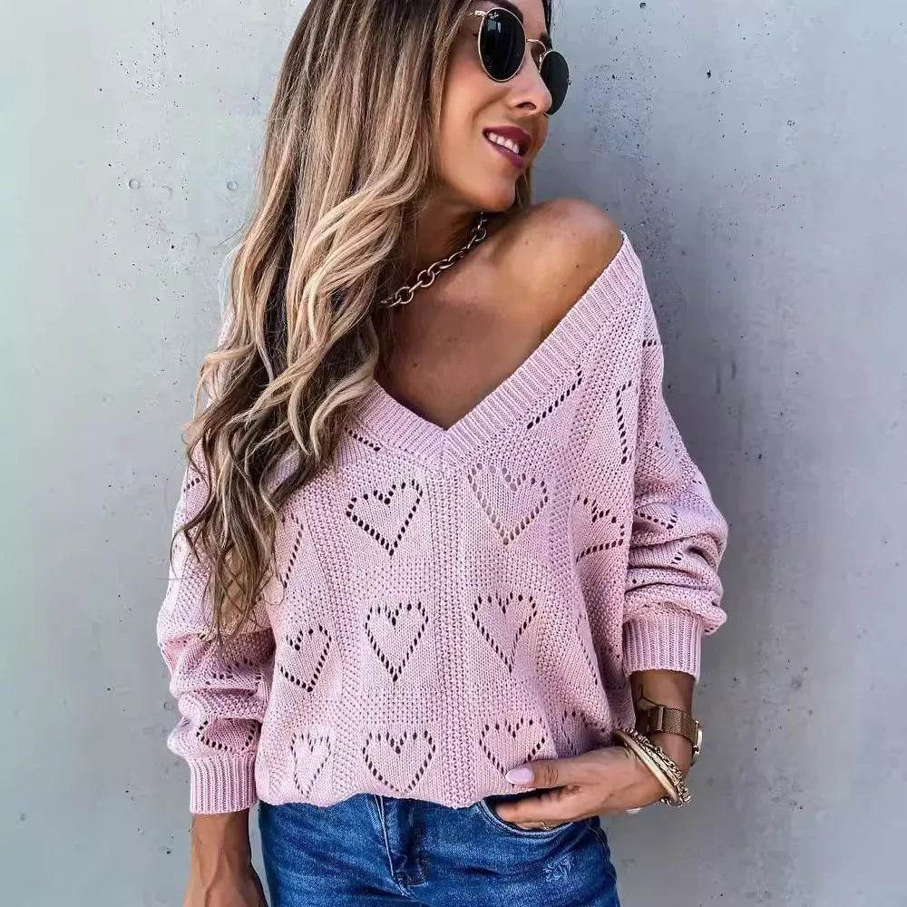 Buy Center Women's V Neck Love Heart Sweater - Cozy Casual Pullover - Buy Center UK