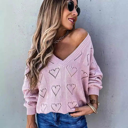 Buy Center Women's V Neck Love Heart Sweater - Cozy Casual Pullover - Buy Center UK