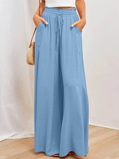 Buy Center Women's Summer Wide Leg Pants - Elastic Waist & Pockets - Buy Center UK