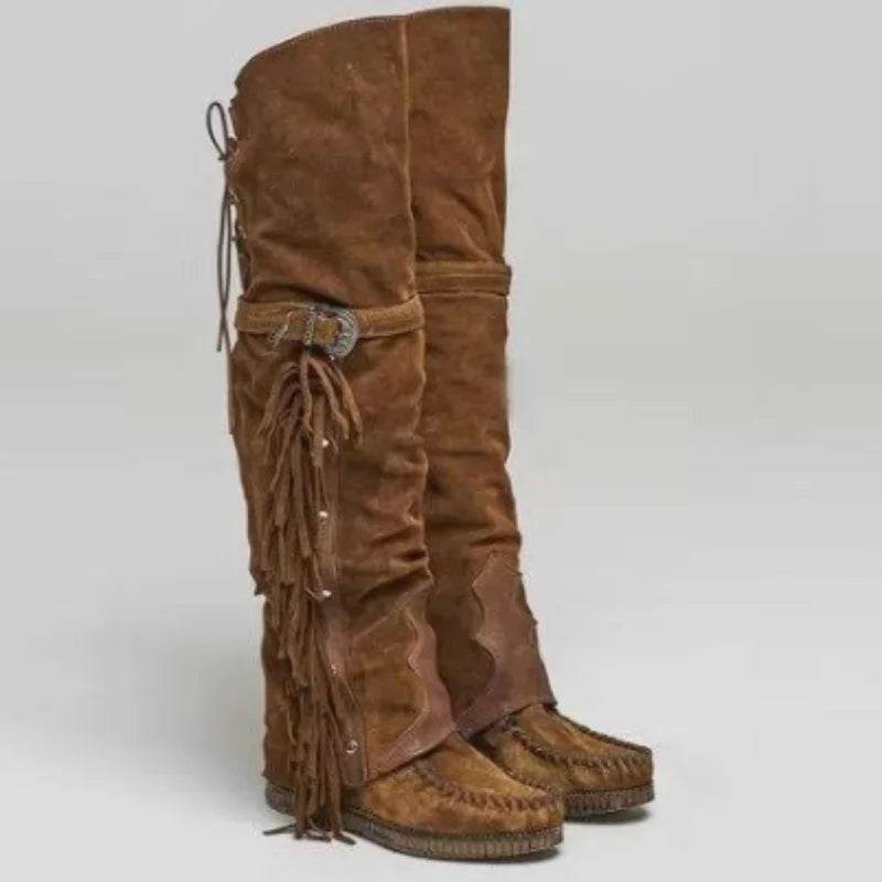 Buy Center Bohemian Knee-Length Boots - Faux Suede with Fringes - Buy Center UK