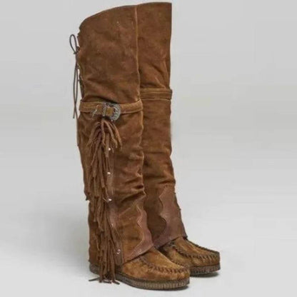 Buy Center Bohemian Knee-Length Boots - Faux Suede with Fringes - Buy Center UK