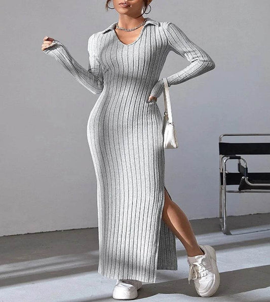 Spring 2024 Knitted Slim Lapel Dress - Long Sleeve, Elegant Fit - Buy Center UK