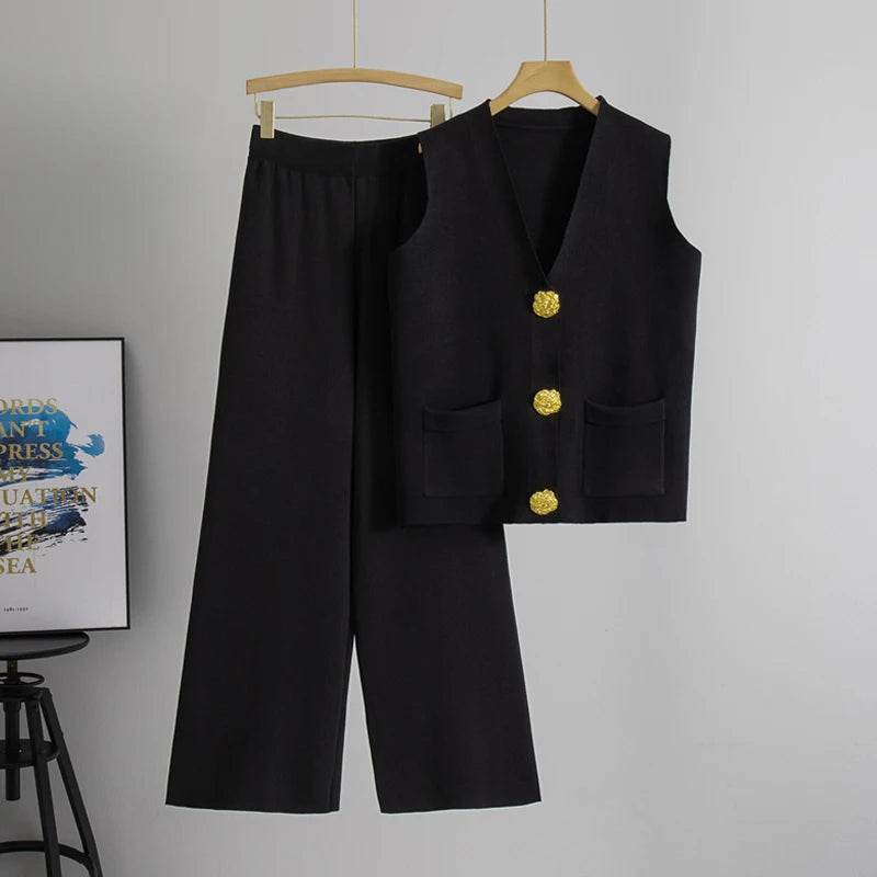Buy Center Casual Knit Women’s Suit - V-neck Sleeveless & Wide Leg Pants - Buy Center UK