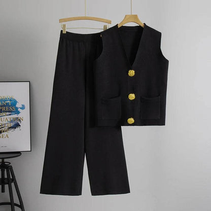 Buy Center Casual Knit Women’s Suit - V-neck Sleeveless & Wide Leg Pants - Buy Center UK