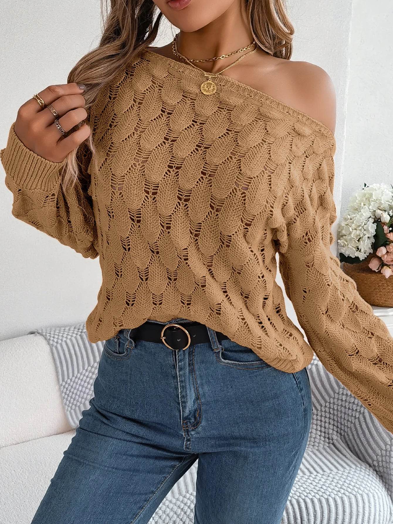 Buy Center Off Shoulder Hollow Out Sweater - Trendy Autumn Pink Top - Buy Center UK