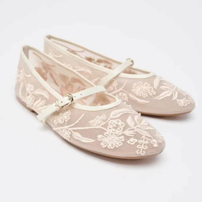 Stylish Mesh Embroidery Mary Jane Ballet Flats - Low Heel Comfort - Buy Center UK