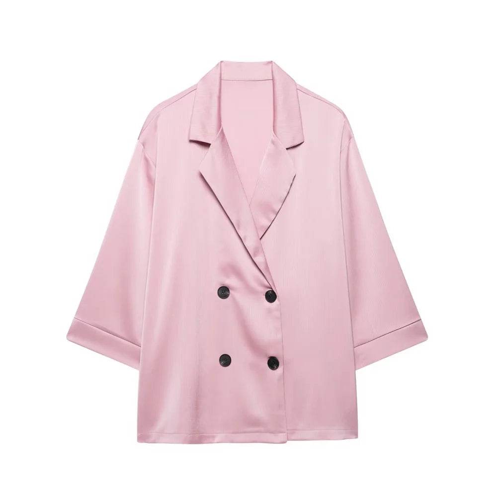PB&ZA Pink Satin Blazer & Wide-Leg Pants Set - Chic Women's Style - Buy Center UK