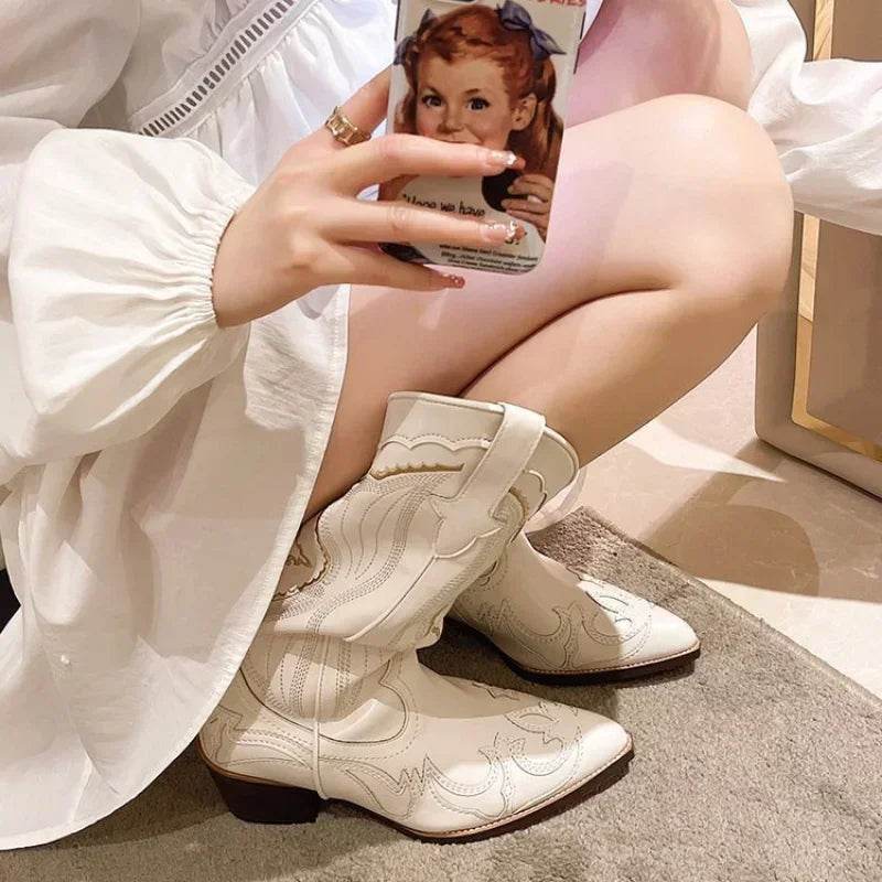 YBQJOO Vintage Square Heel Cowboy Boots for Women - Embroidered Style - Buy Center UK