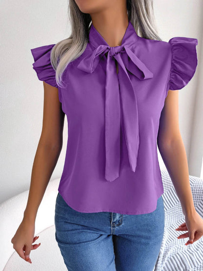 Buy Center Women’s Summer Chiffon Blouse - Bow Ruffle Short Sleeve - Buy Center UK