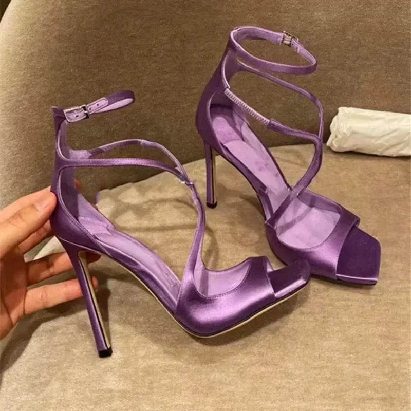 Elegant Purple High Heels - Luxury Satin Cross Strap Design - Buy Center UK