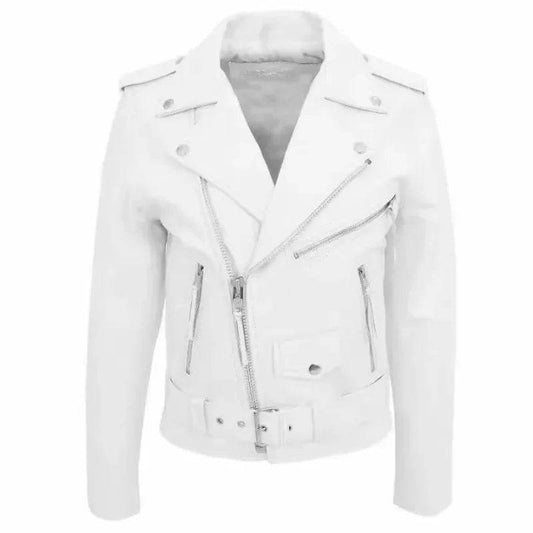 Buy Center Men's White Leather Jacket - Fashionable Turn-down Collar - Buy Center UK