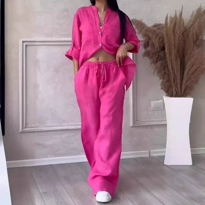 Buy Center Women's Linen Drawstring Shirt & Wide Leg Pants Set - Buy Center UK