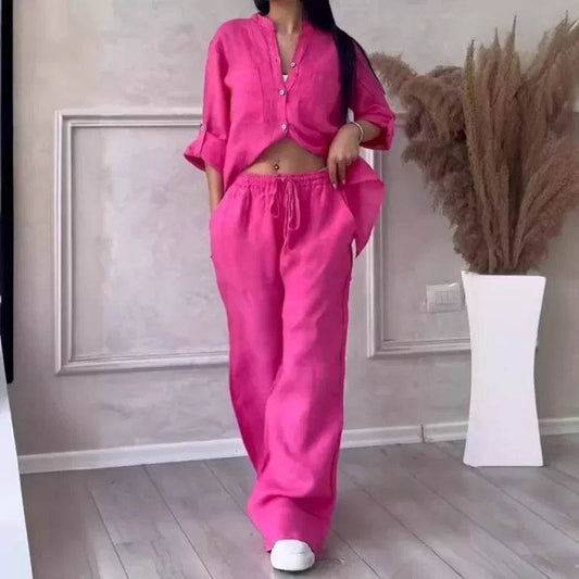 Buy Center Women's Linen Drawstring Shirt & Wide Leg Pants Set - Buy Center UK