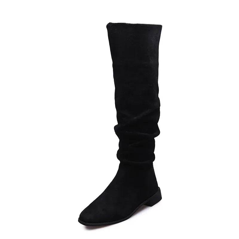 Buy Center Women's Pleated Knee High Boots - Black & Nude Faux Suede - Buy Center UK