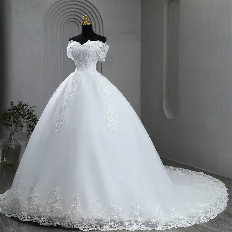 Elegant Plus Size White Wedding Dress - Off The Shoulder, Appliques - Buy Center UK
