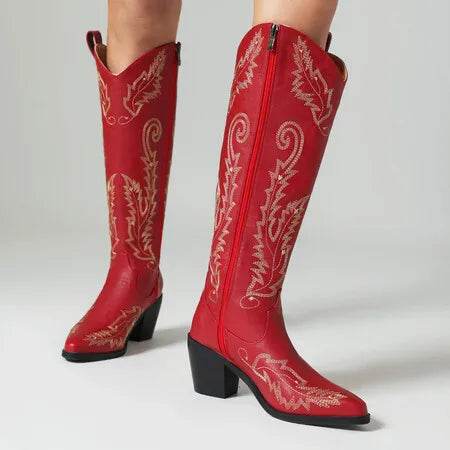 Buy Center Red Leather Cowboy Boots for Women - Chunky Heel, Embroidered - Buy Center UK
