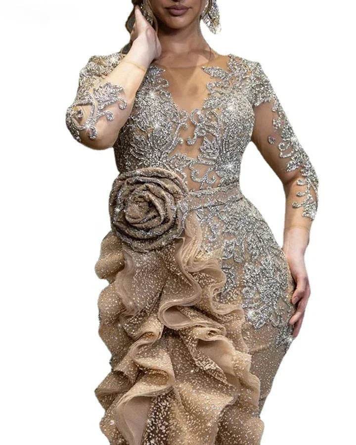 Buy Center Sexy Gold Bling Dress - Long Sleeve Lace & Sequin Elegance - Buy Center UK