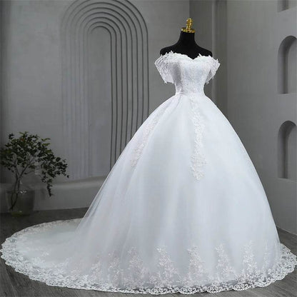 Elegant Plus Size White Wedding Dress - Off The Shoulder, Appliques - Buy Center UK