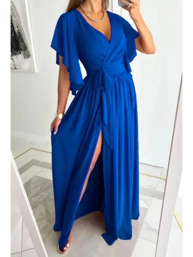 Buy Center Women's Flare Sleeve V-Neck Dress - Casual Floor Slit Style - Buy Center UK