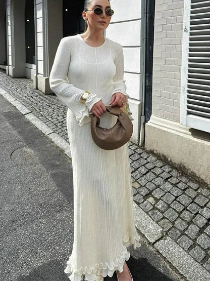 Buy Center Solid Knitted Long Dress - Slim Fit O-neck, Pleated Style - Buy Center UK